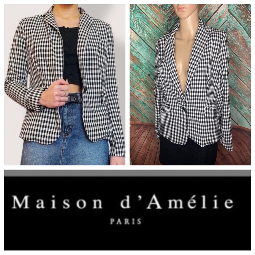 Maison d’Amelie Paris Houndstooth Gingham Polyester Blend One Button Blazer